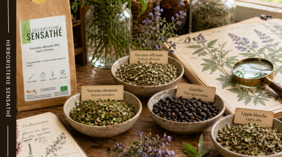Plantes médicinales Verbénacées avec verveine gattilier et lippia en herboristerie - Herboristerie Sensathé Plantes médicinales Verbénacées avec verveine gattilier et lippia en herboristerie - Herboristerie Sensathé